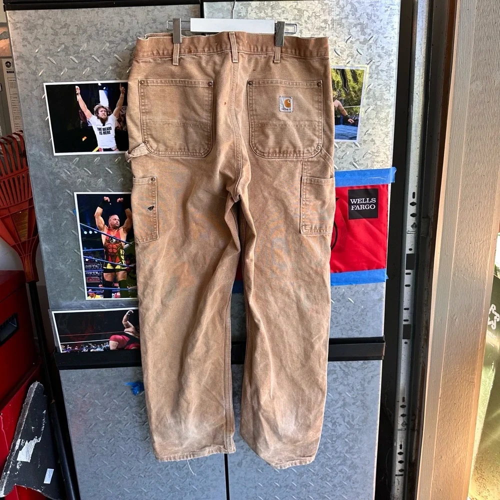 Carhartt Tan Distressed Double Knee Paint Stains Work Pants 1990s USA 36x32 - Picture 5 of 7